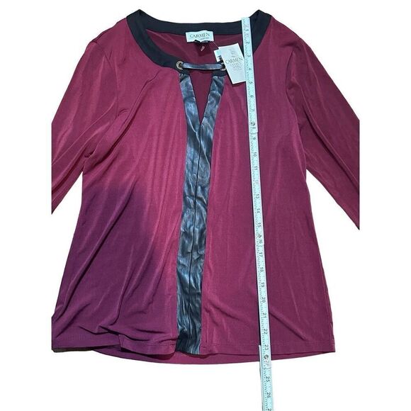 Carmen Marc Valvo wine red long sleeve blouse with faux leather accent sz S NEW - Picture 6 of 6